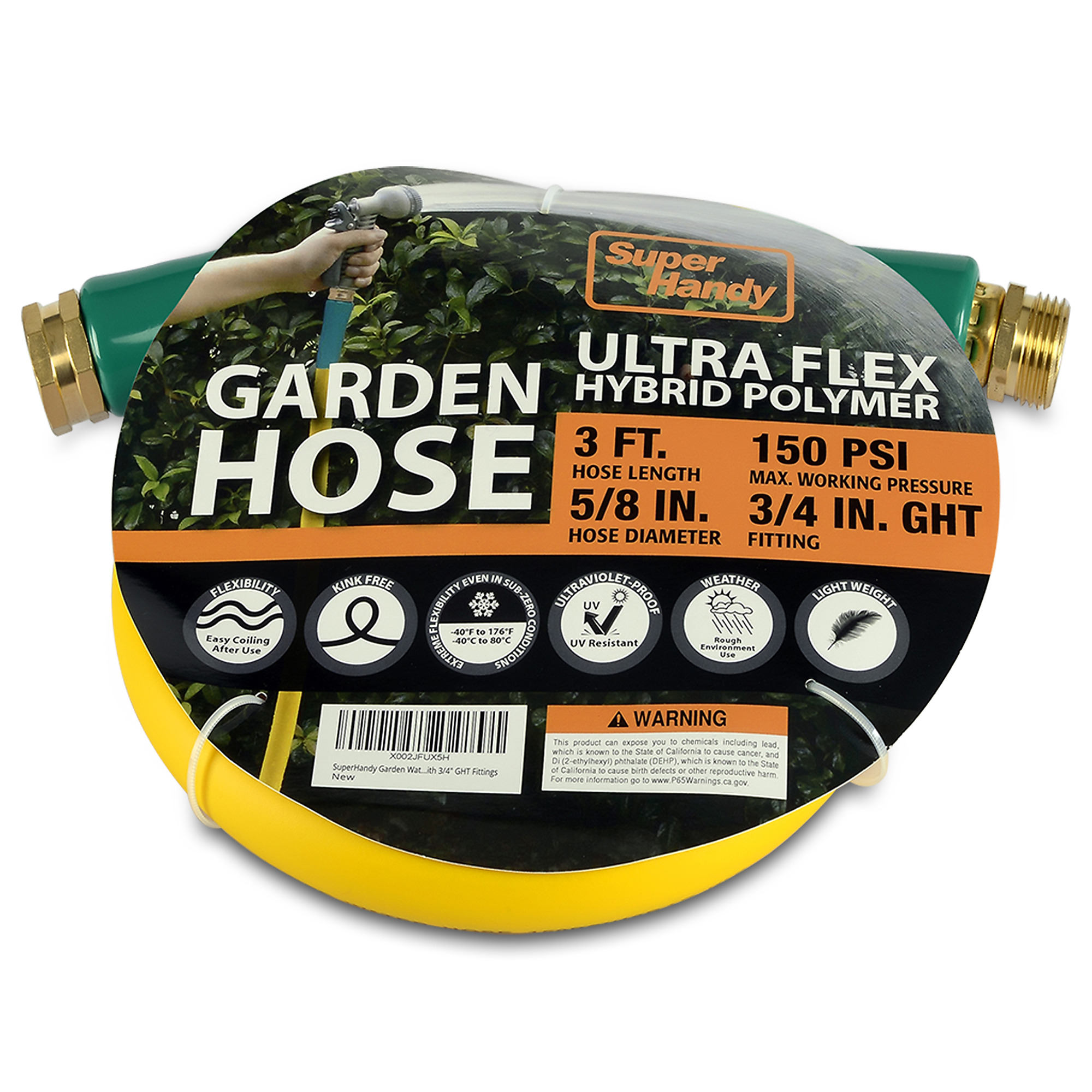 SuperHandy, Garden Lead-in Water Hose 5ft., Length 5 ft, Connection Size 5/8 in, Max. Pressure 150 PSI, Model# TRI-GUR037